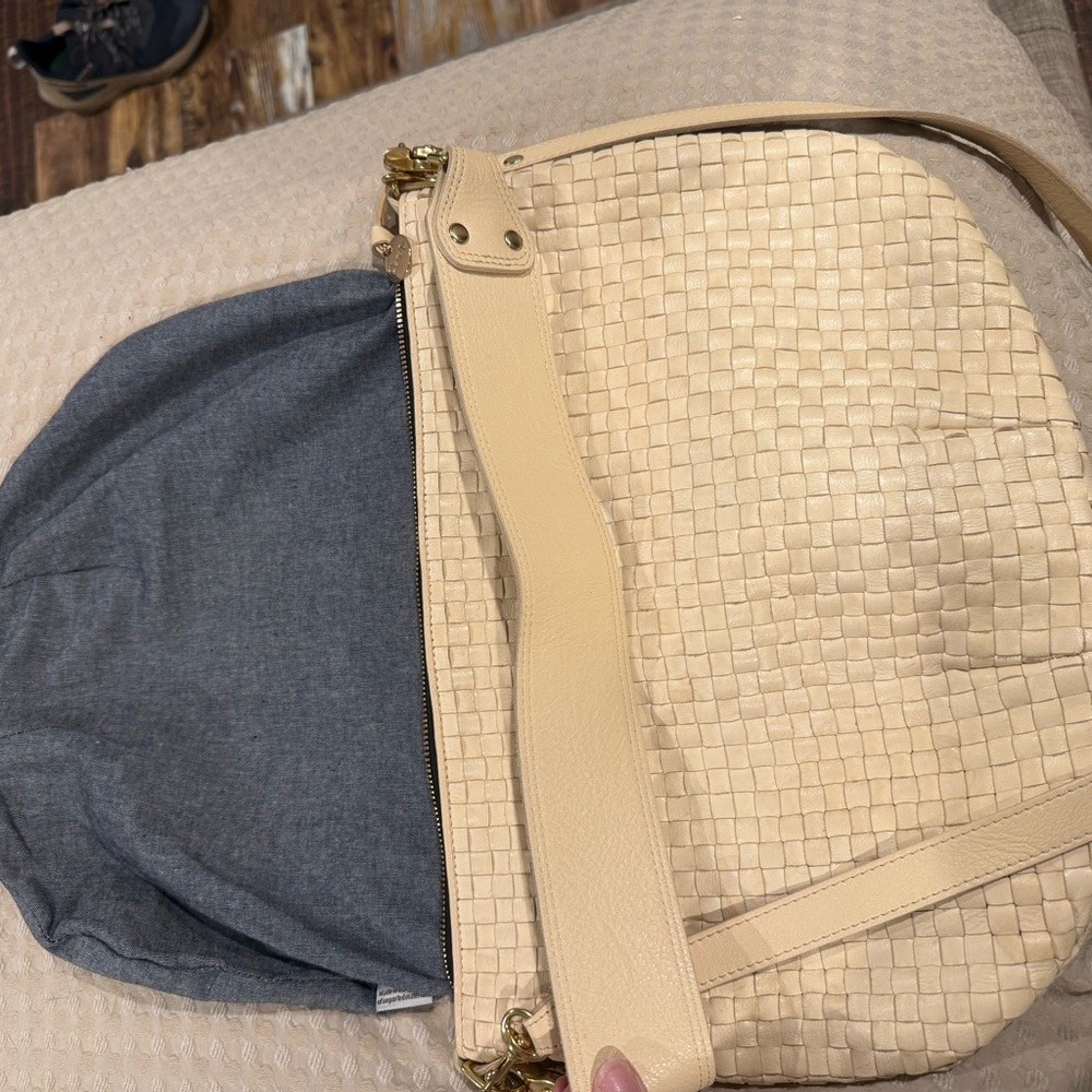 Clare V Cream Woven Leather Shoulder Bag